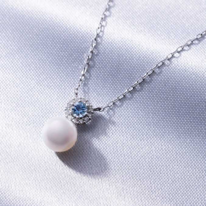 PT950 Akoya Pearl 6.5mm Natural Diamond 0.05ct Aquamarine Pendant Made in JAPAN - YUUKI JEWELLERY JAPAN