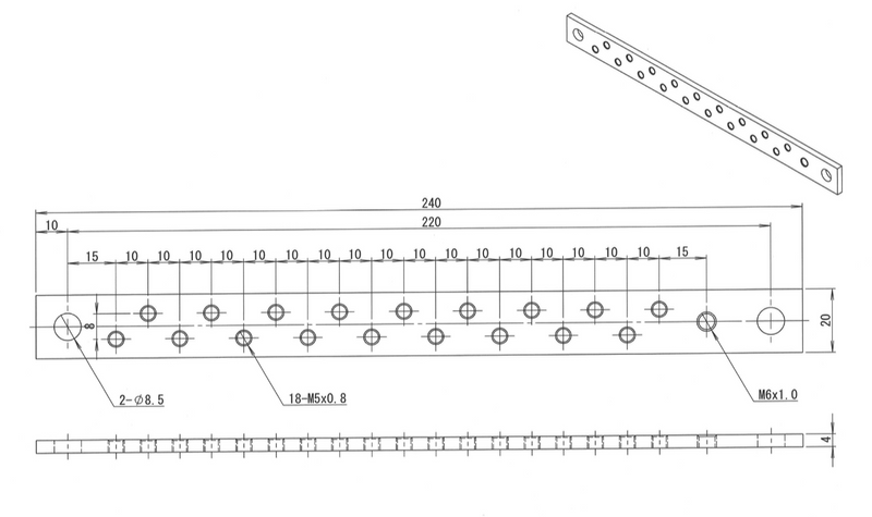 Cl100-1/2H Copper and Nickel-plated Earth Bar (240mm x 20mm x 4mm) Model No: H20-18 (10pcs) - Kurumira Shop