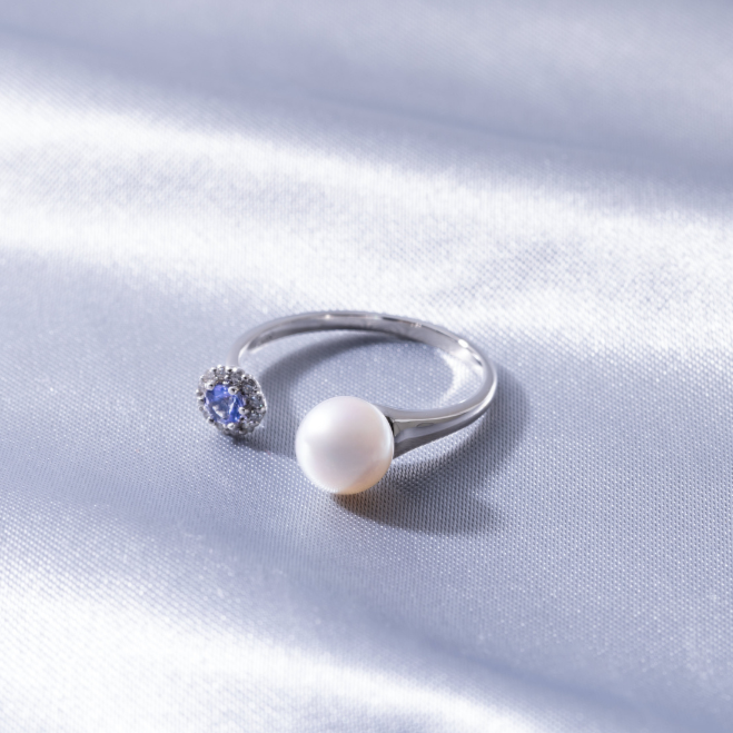 Pt950 Akoya Pearl 6.5mm Natural Diamond 0.05ct Tanzanite Open Ring