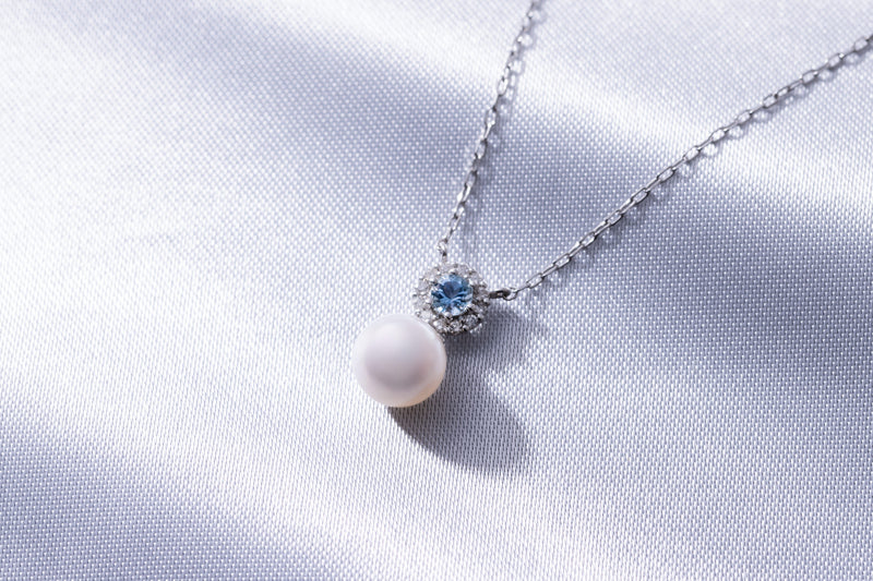 PT950 Akoya Pearl 6.5mm Natural Diamond 0.05ct Aquamarine Pendant Made in JAPAN - YUUKI JEWELLERY JAPAN