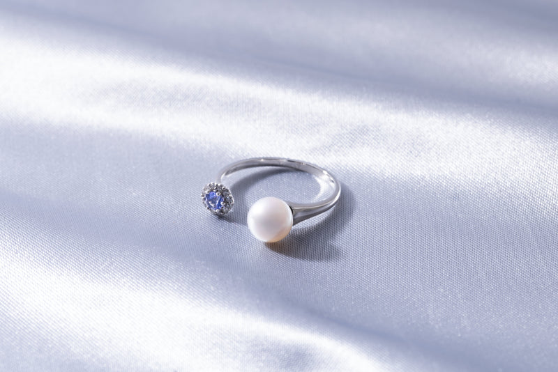 Pt950 Akoya Pearl 6.5mm Natural Diamond 0.05ct Tanzanite Open Ring