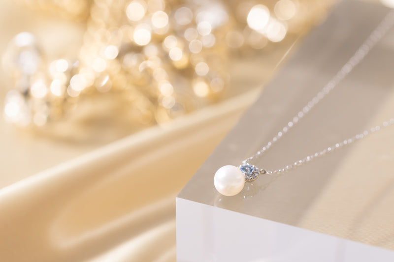 PT950 Akoya Pearl 6.5mm Natural Diamond 0.05ct Aquamarine Pendant Made in JAPAN - YUUKI JEWELLERY JAPAN