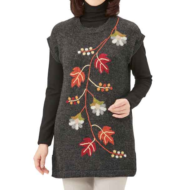 100% Alpaca Wool Tunic -Vine Flower and Tree Foliage Design (M, L) -Kurumira Shop